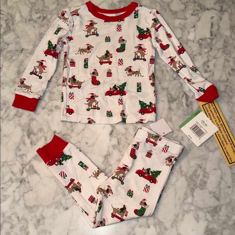 NWT Little Me Kids Festive Dog Pajamas with Red Accents 18M